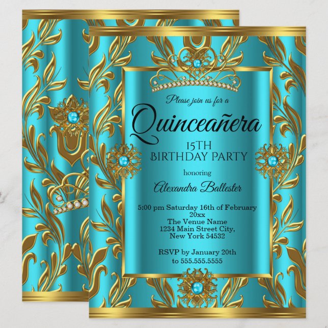 Quinceanera 15:e födelsedagen Teal Blue Tiara Guld Inbjudningar (Fram/baksida)