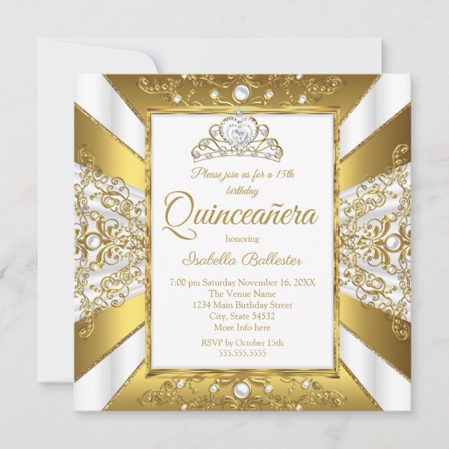 Quinceanera 15:e födelsedagen White Guld Pearl Tia Inbjudningar (Framsida)