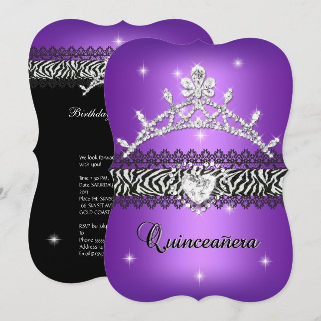 Quinceanera 15:e födelsedagen Zebra Lila Black 2 Inbjudningar (Fram/baksida)