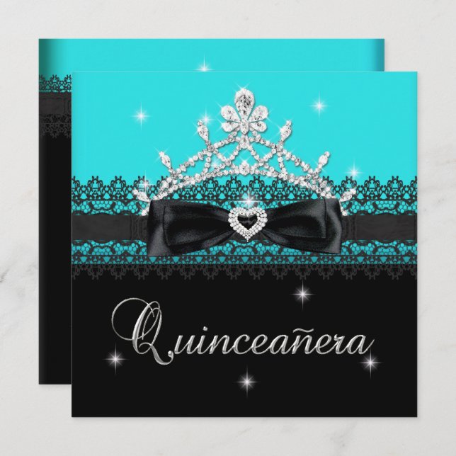 Quinceanera 15:e Födelsedagsfesten Blue Black Snör Inbjudningar (Fram/baksida)