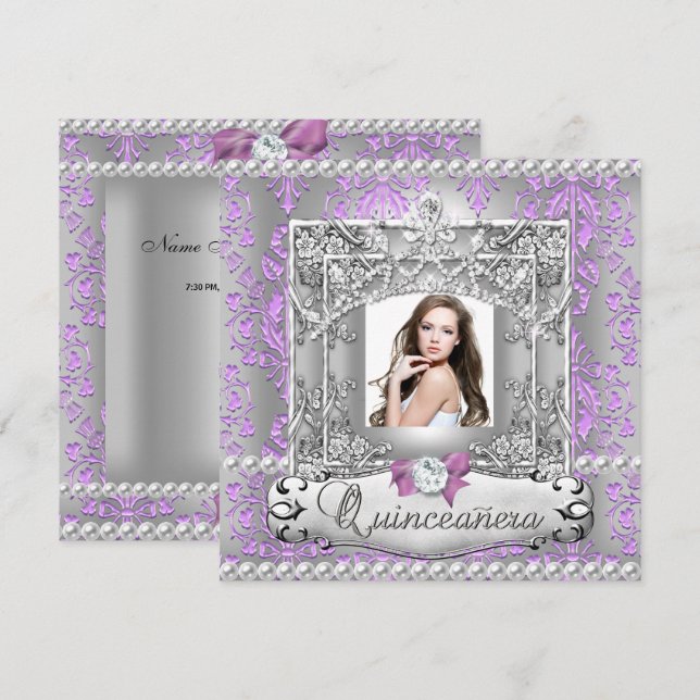 Quinceanera 15:e Födelsedagsfesten Damask Lilac Inbjudningar (Fram/baksida)