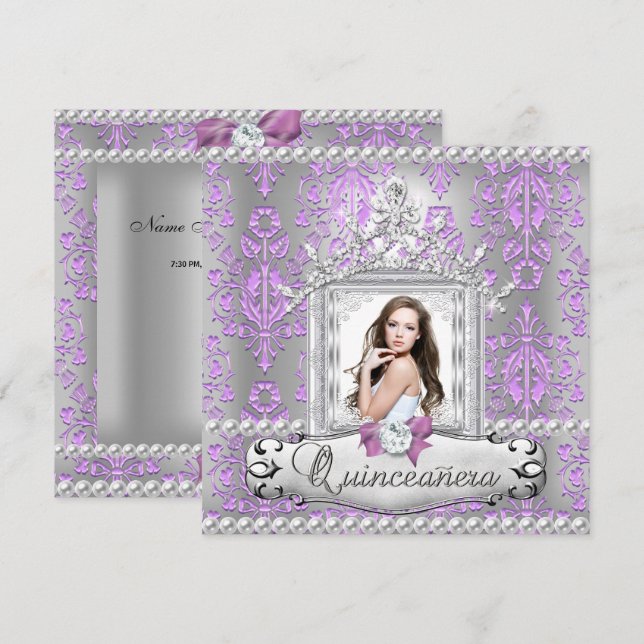 Quinceanera 15:e Födelsedagsfesten Damask Lilac Pe Inbjudningar (Fram/baksida)