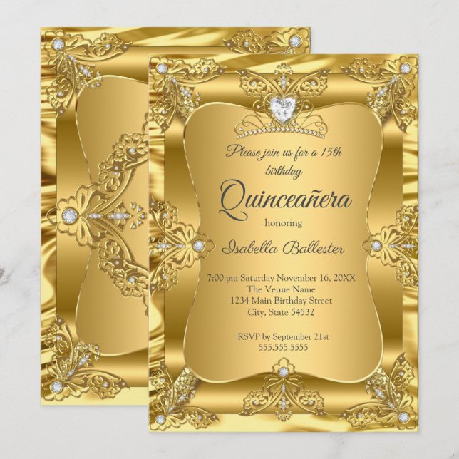 Quinceanera 15:e Födelsedagsfesten Guld Gems Tiara Inbjudningar (Fram/baksida)