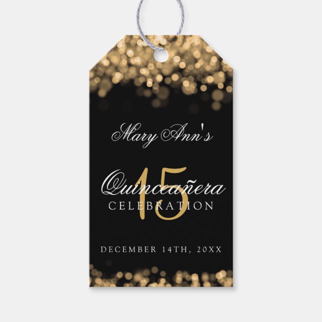 Quinceanera 15:e Födelsedagsfesten Guld Ljus Presentetikett (Framsidan)