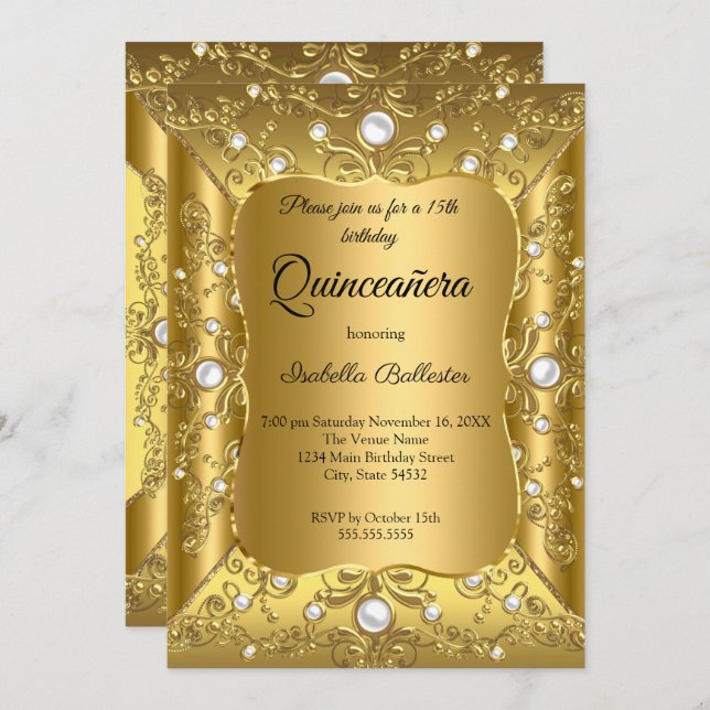 Quinceanera 15:e Födelsedagsfesten Guld Pearl Jewe Inbjudningar (Fram/baksida)