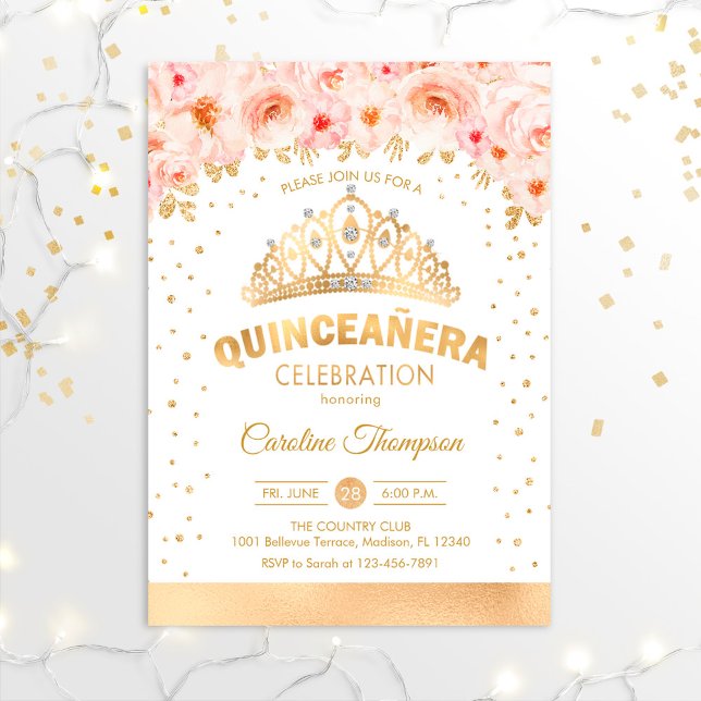 Quinceanera 15:e Födelsedagsfesten - Guld Rosa Blo Inbjudningar (Skapare uppladdad)