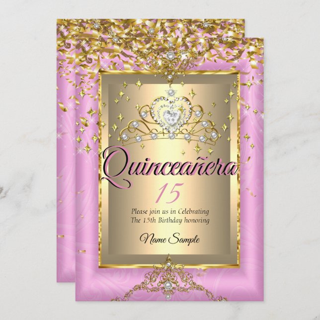 Quinceanera 15:e Födelsedagsfesten Guld Rosa Inbjudningar (Fram/baksida)