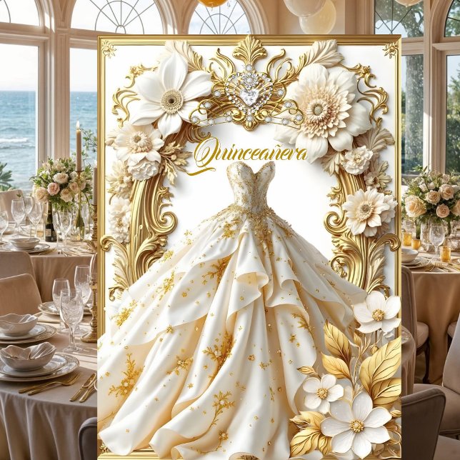 Quinceanera 15:e Födelsedagsfesten Guld White Gown Inbjudningar (Skapare uppladdad)