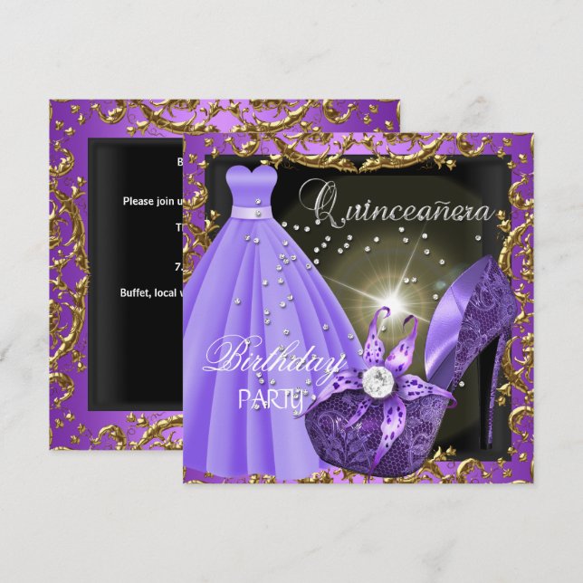quinceanera 15:e Födelsedagsfesten Lila Dress Gown Inbjudningar (Fram/baksida)