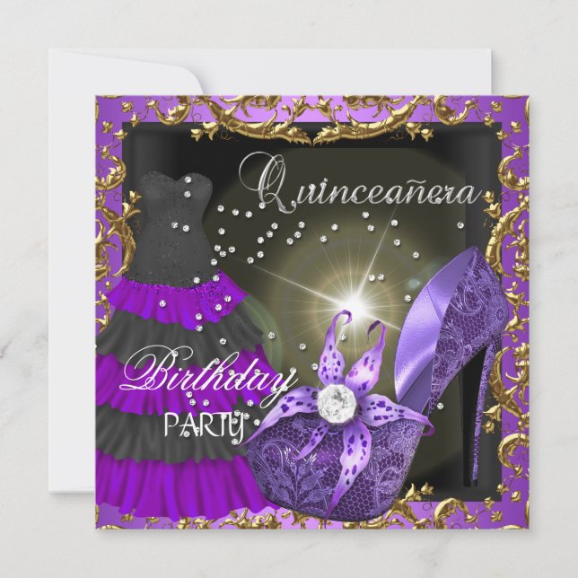 quinceanera 15:e Födelsedagsfesten Lila Dress Gown Inbjudningar (Framsida)