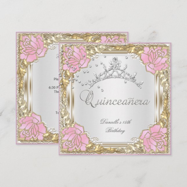 Quinceanera 15:e Födelsedagsfesten Mjuk vit Rosa Inbjudningar (Fram/baksida)
