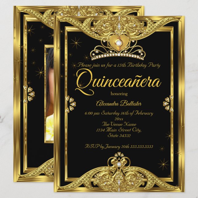 Quinceanera 15:e Födelsedagsfesten Photo Guld Blac Inbjudningar (Fram/baksida)