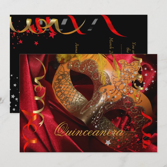 Quinceanera 15:e Födelsedagsfesten Röd svart mask  Inbjudningar (Fram/baksida)
