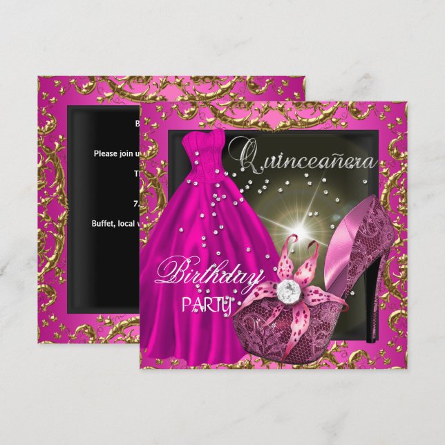 quinceanera 15:e Födelsedagsfesten Rosa Dress Gown Inbjudningar (Fram/baksida)