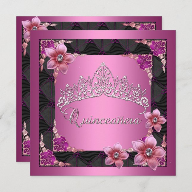 Quinceanera 15:e Födelsedagsfesten Rosa Tiara Blac Inbjudningar (Fram/baksida)