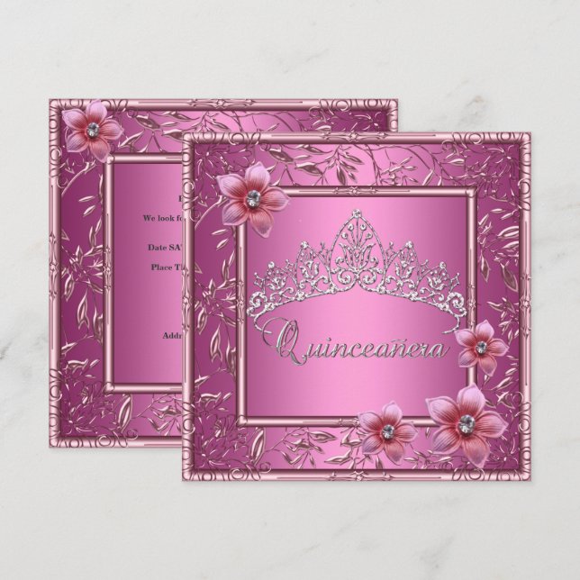 Quinceanera 15:e Födelsedagsfesten Rosa Tiara Rosa Inbjudningar (Fram/baksida)