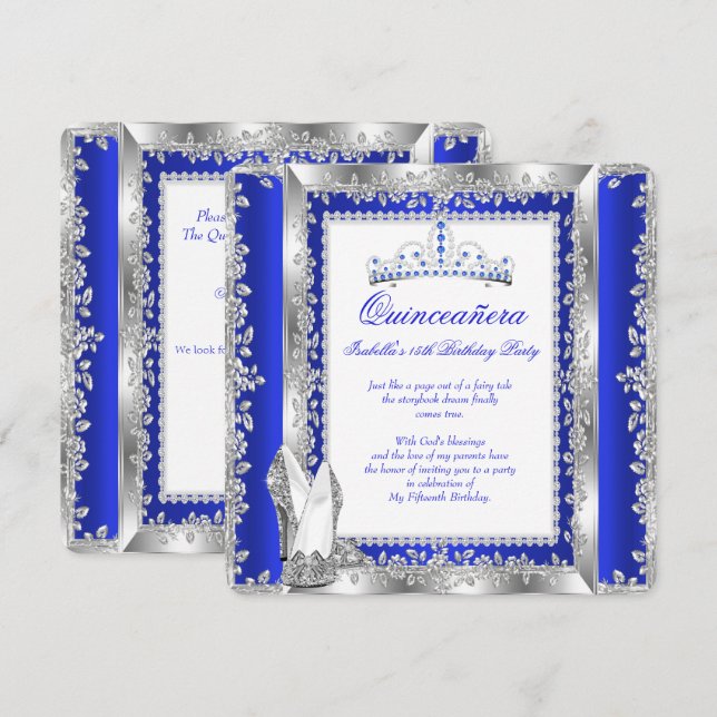 Quinceanera 15:e Födelsedagsfesten Royal Blue Silv Inbjudningar (Fram/baksida)