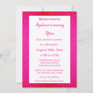 Quinceanera 15:e Födelsedagsfesten Shock rosa Glit Inbjudningar