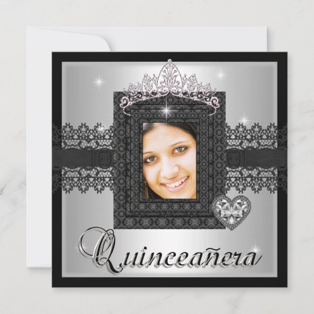 Quinceanera 15:e Födelsedagsfesten Silver Black Sn Inbjudningar (Framsida)