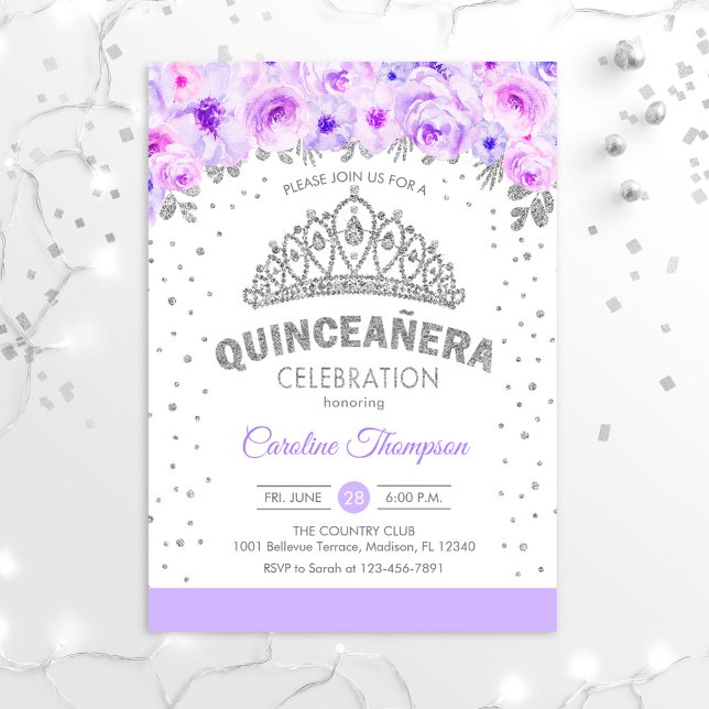 Quinceanera 15:e Födelsedagsfesten - Silver Lila Inbjudningar (Skapare uppladdad)