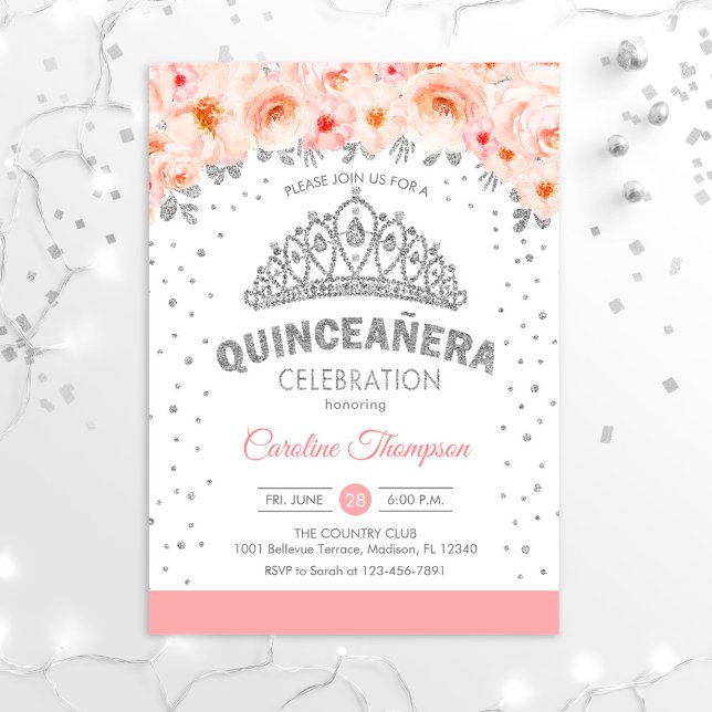 Quinceanera 15:e Födelsedagsfesten - Silver Rosa Inbjudningar (Skapare uppladdad)