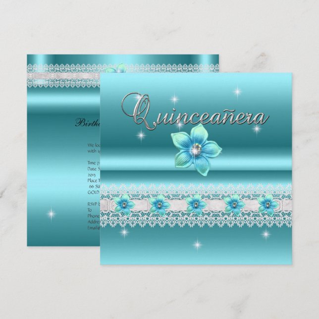 Quinceanera 15:e Födelsedagsfesten Teal Blue-Blomm Inbjudningar (Fram/baksida)