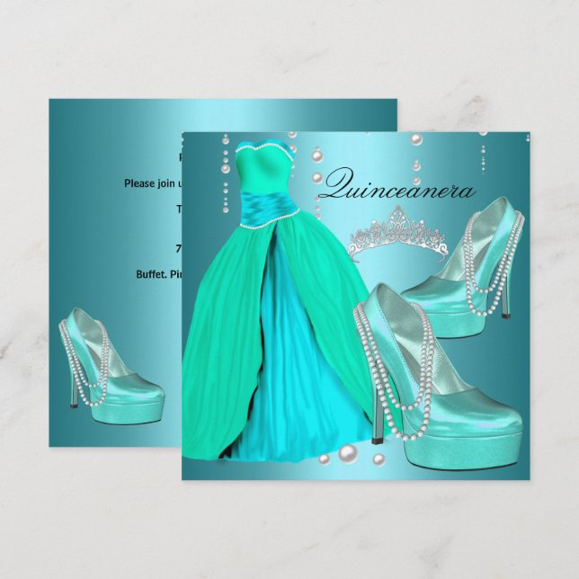 Quinceanera 15:e Födelsedagsfesten Teal Blue Dress Inbjudningar (Fram/baksida)