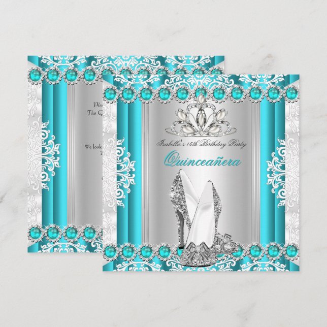 Quinceanera 15:e Födelsedagsfesten Teal Blue Heels Inbjudningar (Fram/baksida)