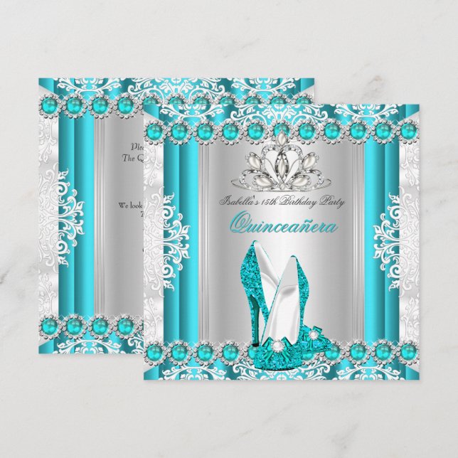 Quinceanera 15:e Födelsedagsfesten Teal Blue Heels Inbjudningar (Fram/baksida)