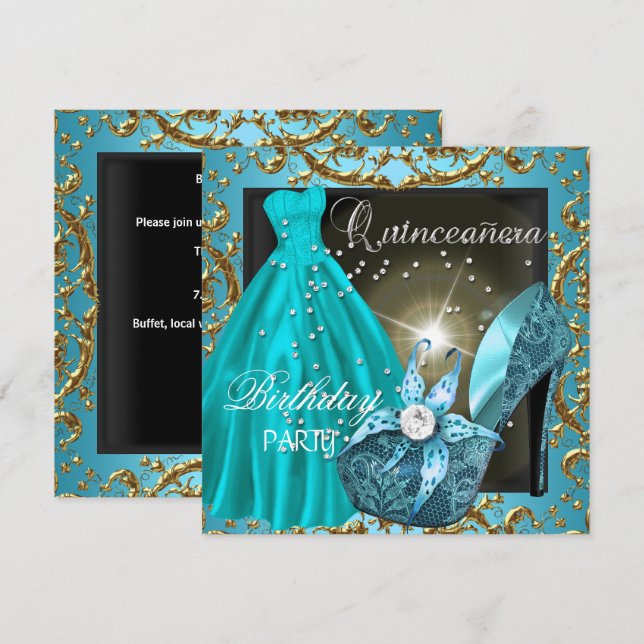 quinceanera 15:e Födelsedagsfesten Teal Dress Gown Inbjudningar (Fram/baksida)