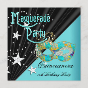 Quinceanera 15:e Födelsedagsfesten Teal Guld Mask Inbjudningar