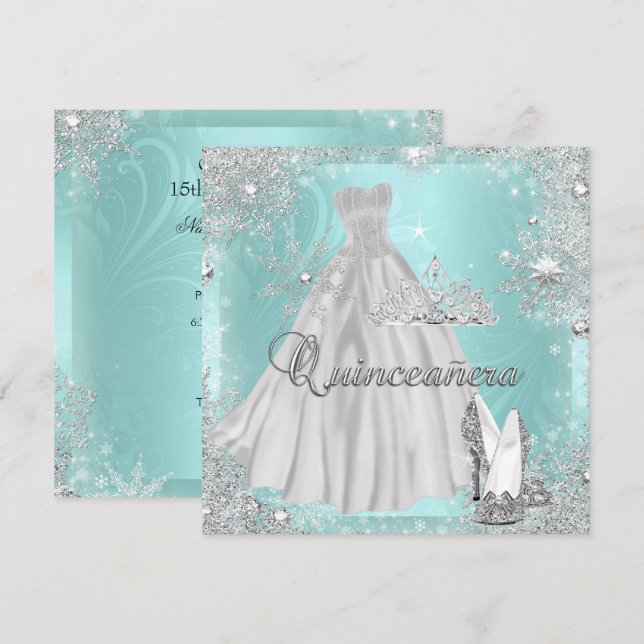 Quinceanera 15:e Födelsedagsfesten Teal Silver Inbjudningar (Fram/baksida)