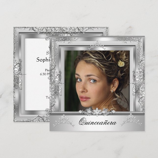 Quinceañera 15:e Födelsedagsfesten White Silver Ti Inbjudningar (Fram/baksida)