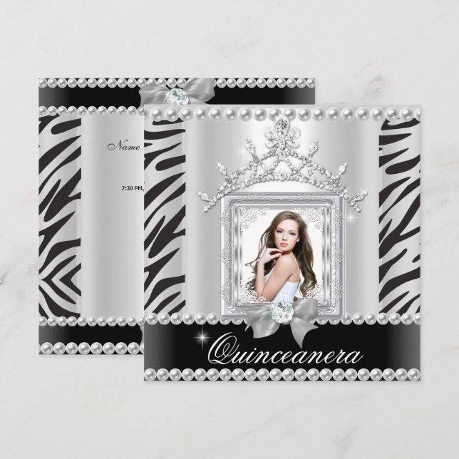 Quinceanera 15:e Födelsedagsfesten Zebra Black Whi Inbjudningar (Fram/baksida)