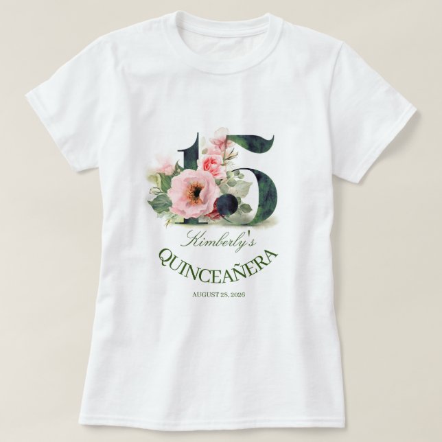 Quinceanera 15:e Födelsedagsfestens Blommigt T Shirt (Design framsida)