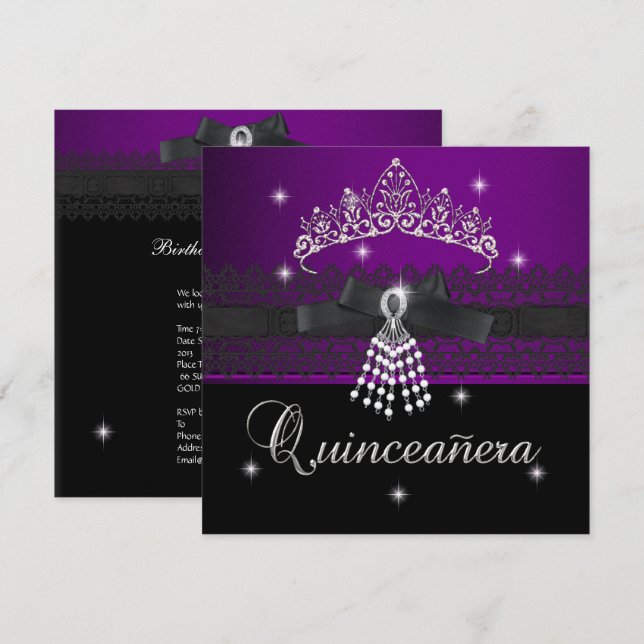 Quinceanera 15:e Födelsedagsfestens Lila Black Inbjudningar (Fram/baksida)
