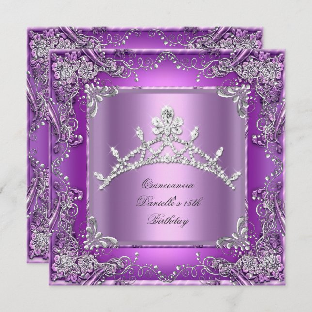 Quinceanera 15:e Födelsedagsfestens Lila Inbjudningar (Fram/baksida)