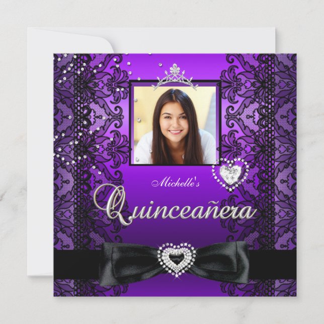 Quinceanera 15:e foto för svart Snöre vid Party Inbjudningar (Framsida)