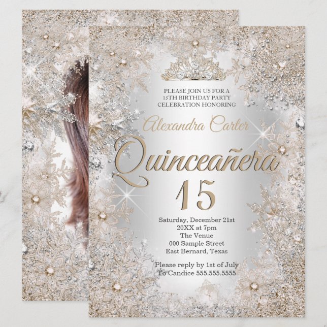 Quinceanera 15:e Foto Silver Beige Snöflinga Inbjudningar (Fram/baksida)