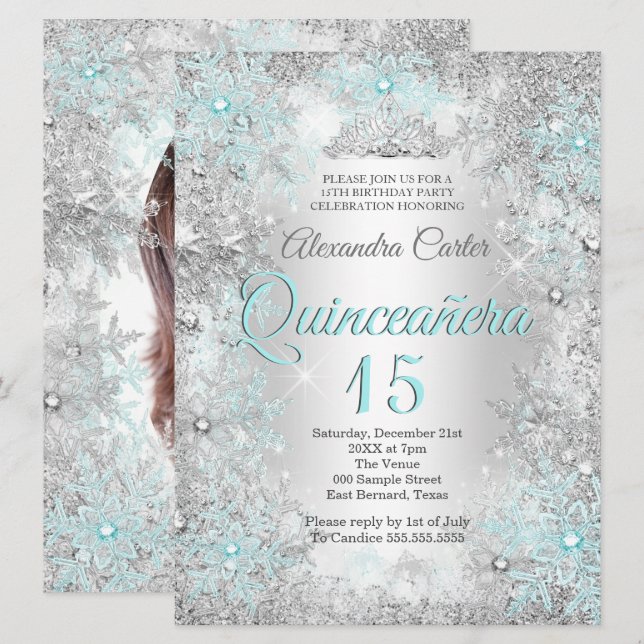 Quinceanera 15:e fotoblåblåblått Silver Inbjudningar (Fram/baksida)