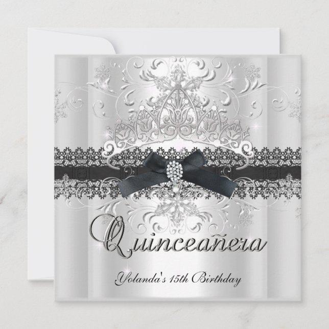 Quinceanera 15:e glittertiara svart vit båge inbjudningar (Framsida)