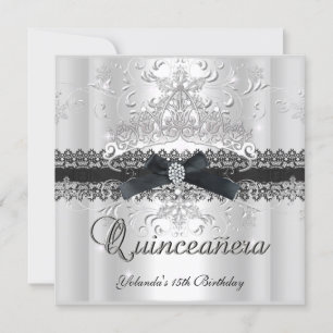 Quinceanera 15:e glittertiara svart vit båge inbjudningar