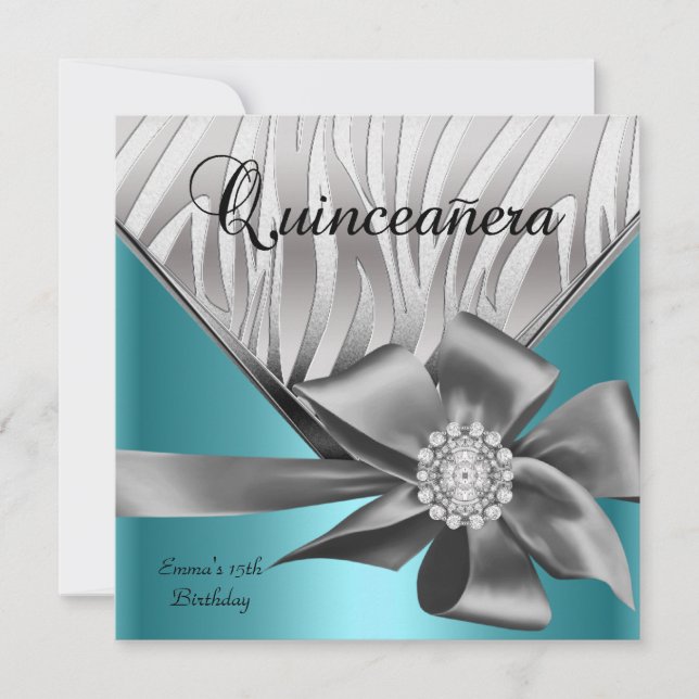 Quinceanera 15:e Grått Bow för blåblått Silver Inbjudningar (Framsida)