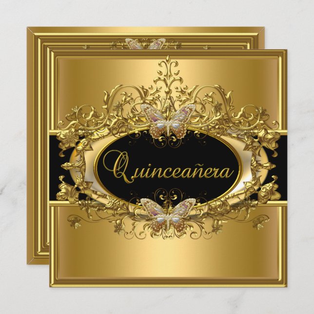 Quinceanera 15:e Guld Black Girls Inbjudningar (Fram/baksida)