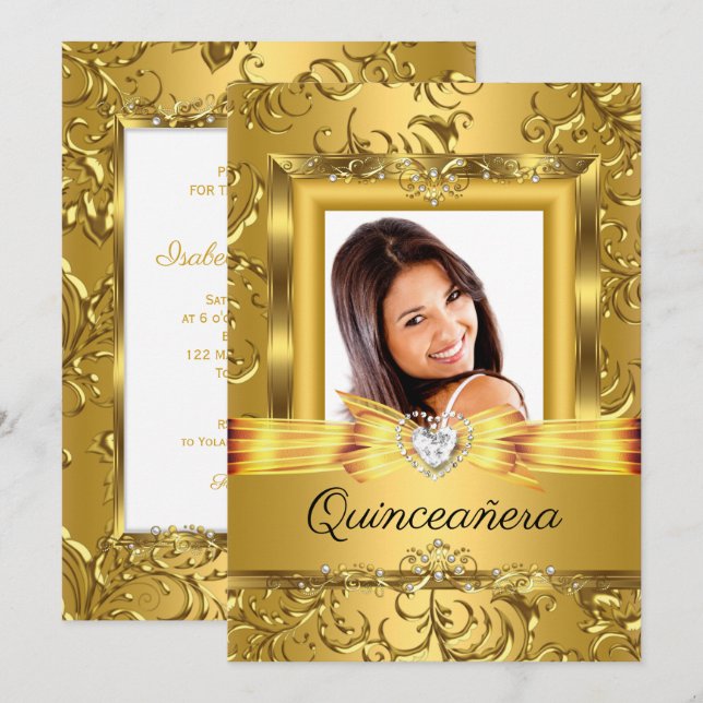 Quinceanera 15:e Guld Damask Photo Pearl Inbjudningar (Fram/baksida)