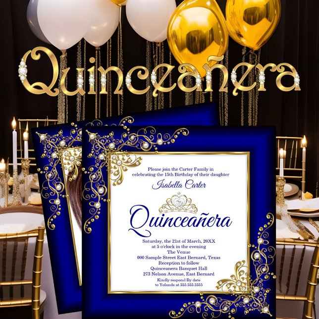 Quinceanera 15:e Guld-Royalet Blue Pearl Tiara Pho Inbjudningar (Skapare uppladdad)