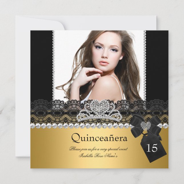Quinceanera, 15:e Guld, Silver, fotosvart Snöre Inbjudningar (Framsida)