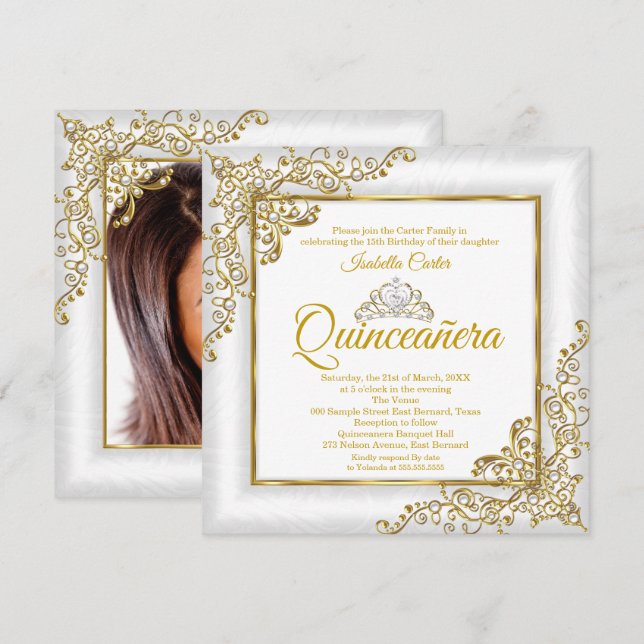 Quinceanera 15:e Guld White Pearl Tiara Photo Inbjudningar (Fram/baksida)