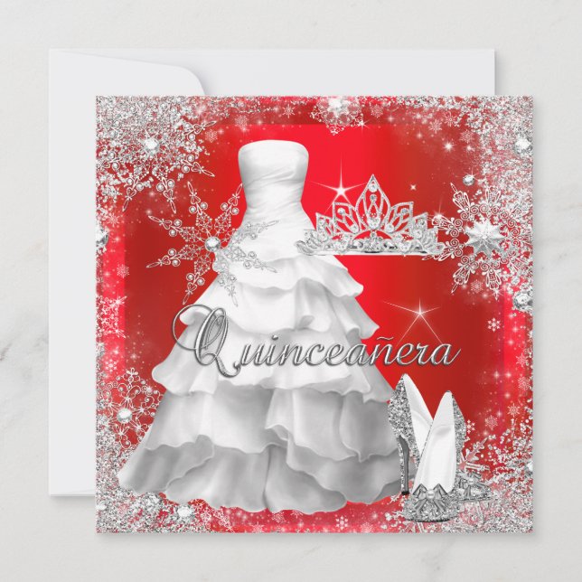 Quinceanera 15:e Hetten Red Silver Birthday Inbjudningar (Framsida)
