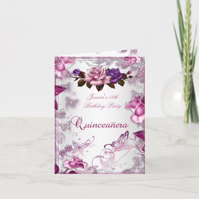 Quinceanera 15:e Inbjudan Vita Rosa Ro (Framsida)